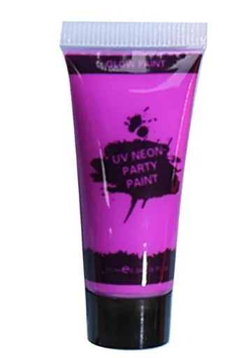 25ml squeeze tube of neon face paint in red, yellow, green, purple, orange, or pink for body art.