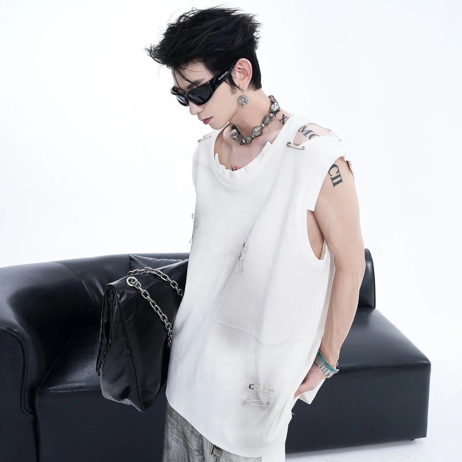 Men's black and white ripped vest with irregular cut sleeveless t-shirt round neck