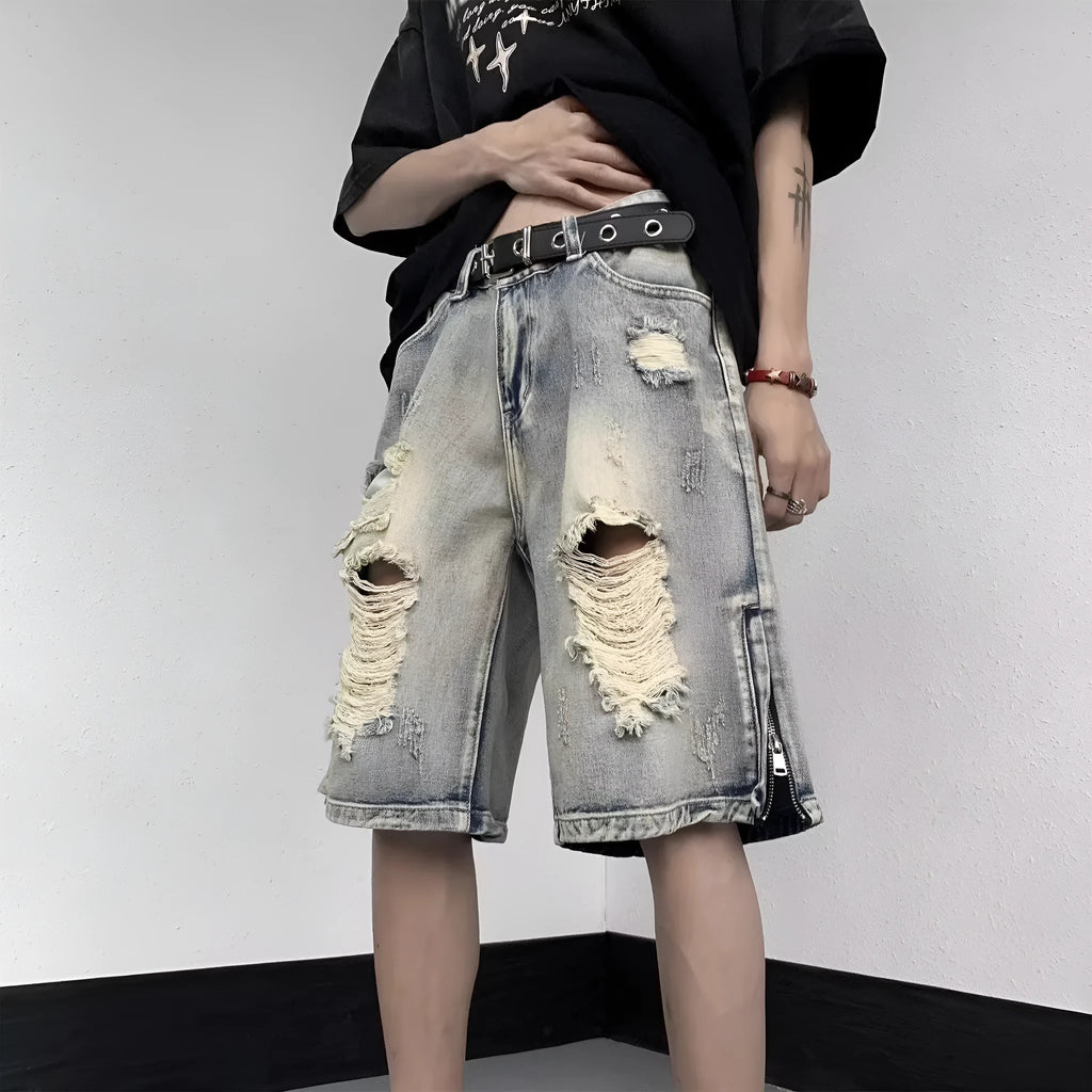 Blue retro tattered denim shorts with loose fit and American high street style