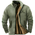 Men's green fleece-padded polyester coat on a hanger, regular fit.