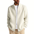 Men's loose fit cardigan sweater in grey, showing front button detail.