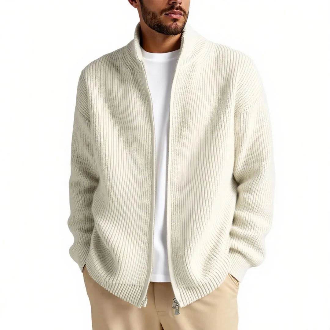 Men's loose fit cardigan sweater in grey, showing front button detail.