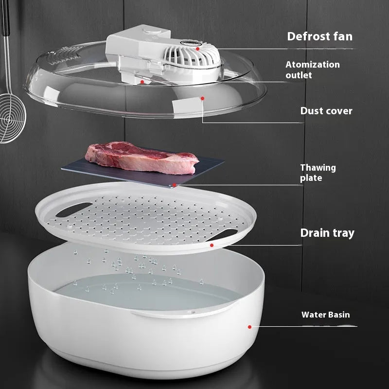 Aluminium household defrosting plate for food on a kitchen countertop.