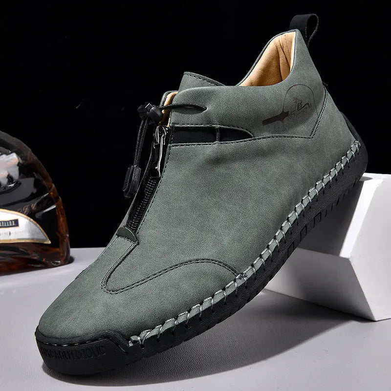 Men's casual leather shoes with mid heels in black, blue, green, or khaki colours