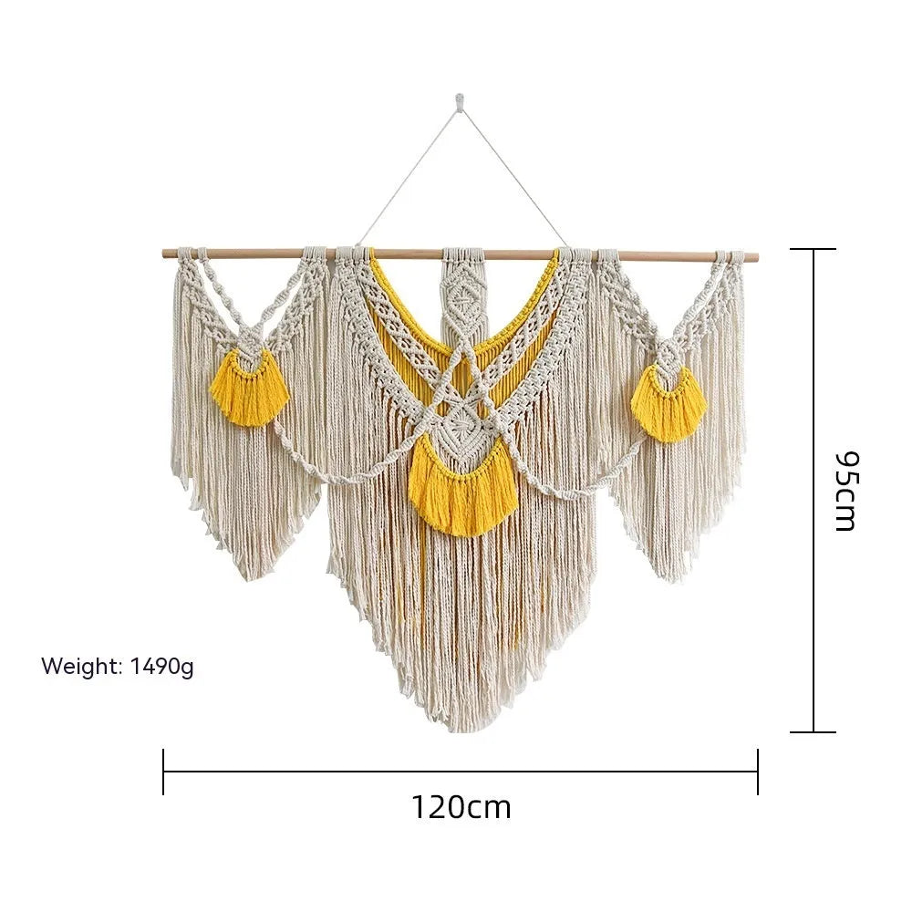 Creamy white woven cotton tapestry wall hanging with rectangular 120x95cm dimensions and hand-made weaving texture