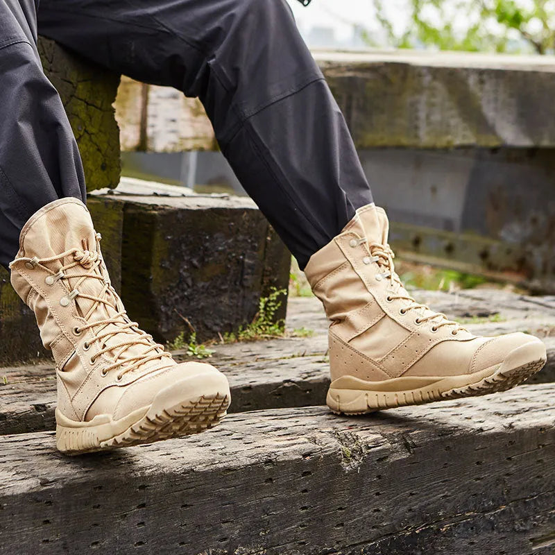 Yulong tactical desert combat boots in black and sand colour on a white background.