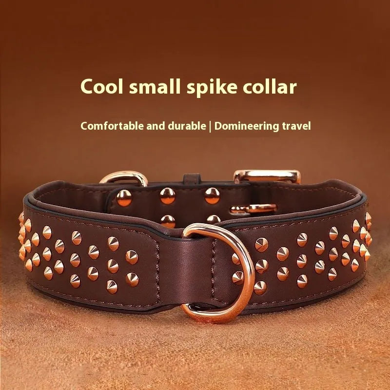 Leather dog collar with brass rivets in black, chocolate, or pink colour options for medium and large dogs.