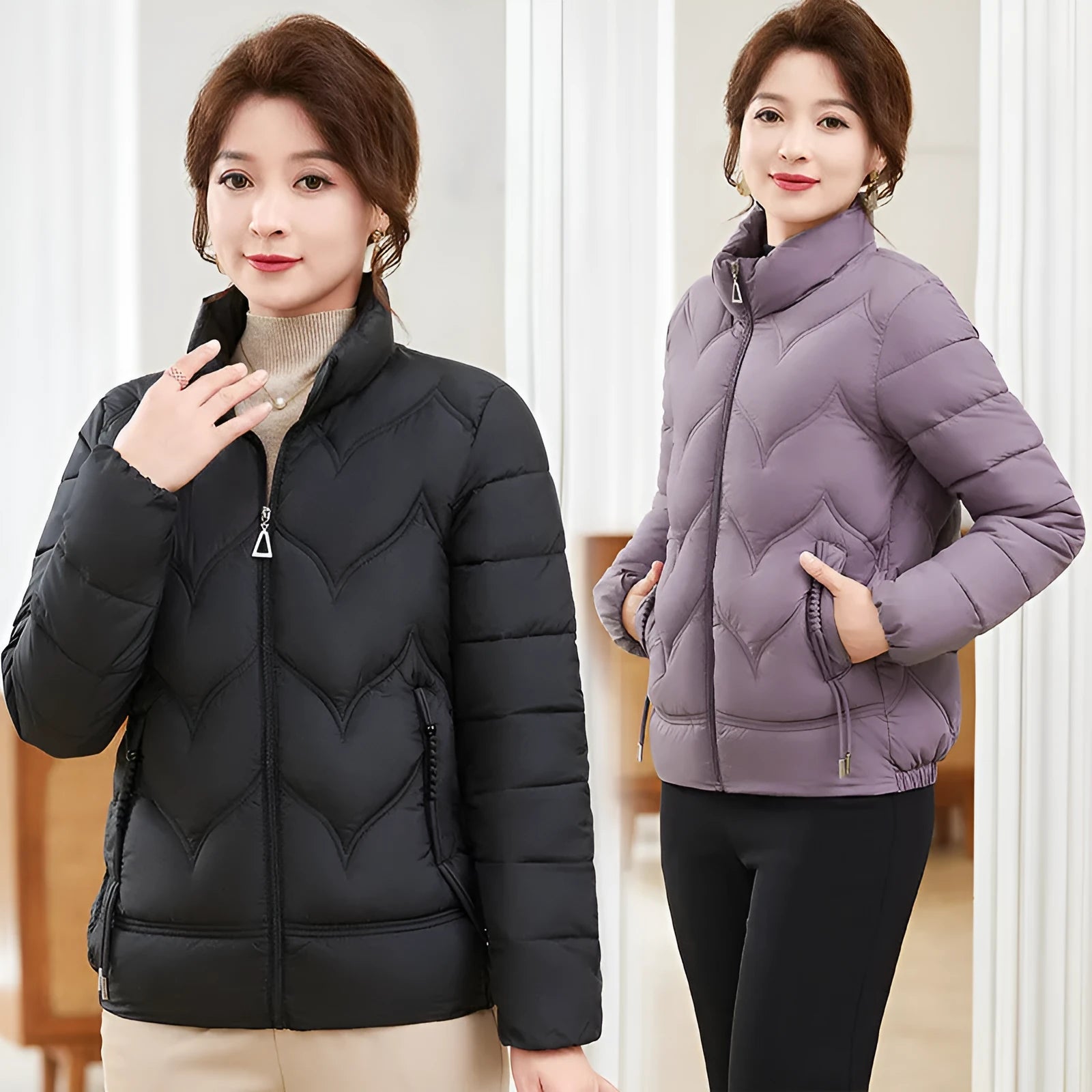 Women's loose fit pure cotton stand collar top in solid colour with long sleeves