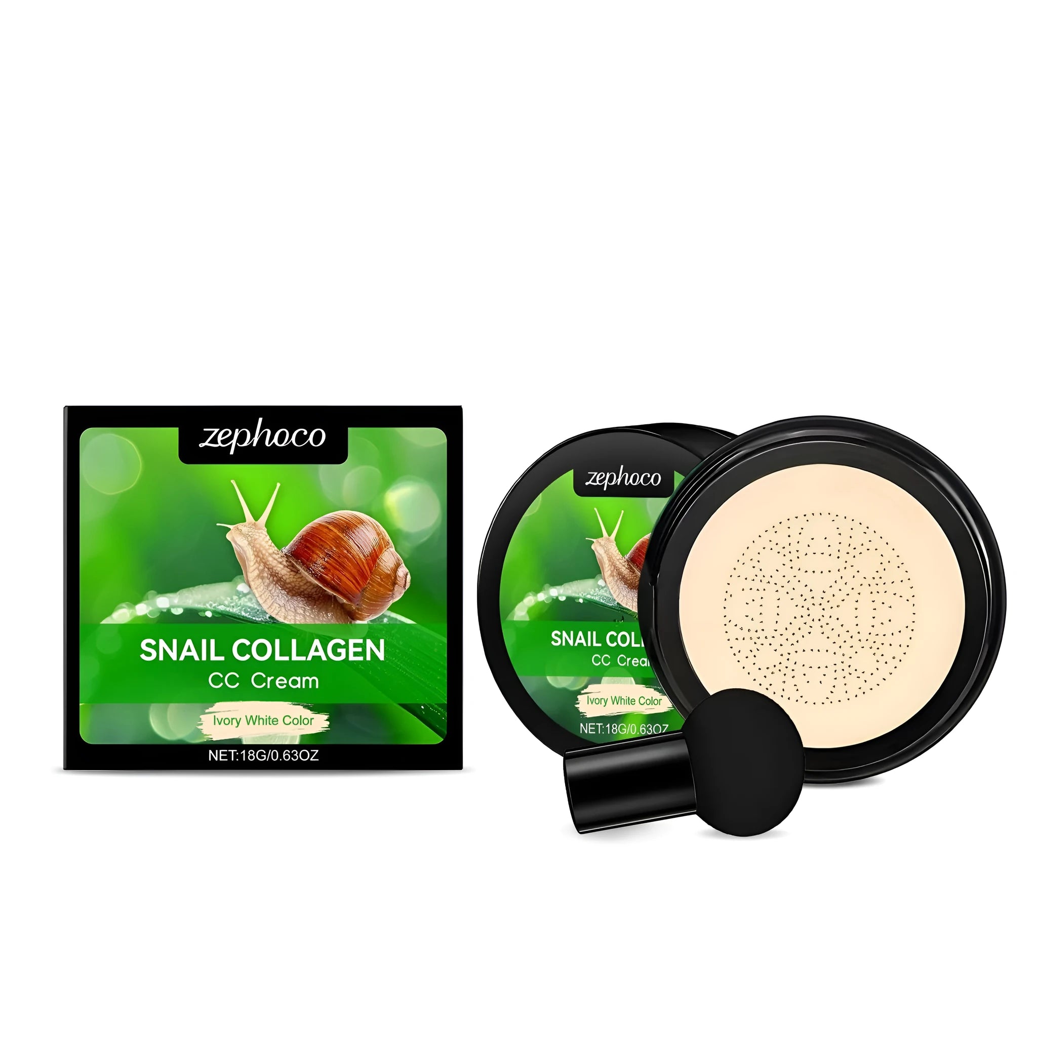 ZEPHOCO CC Cream 18g tube and mushroom powder puff in Ivory White or Natural Colour.