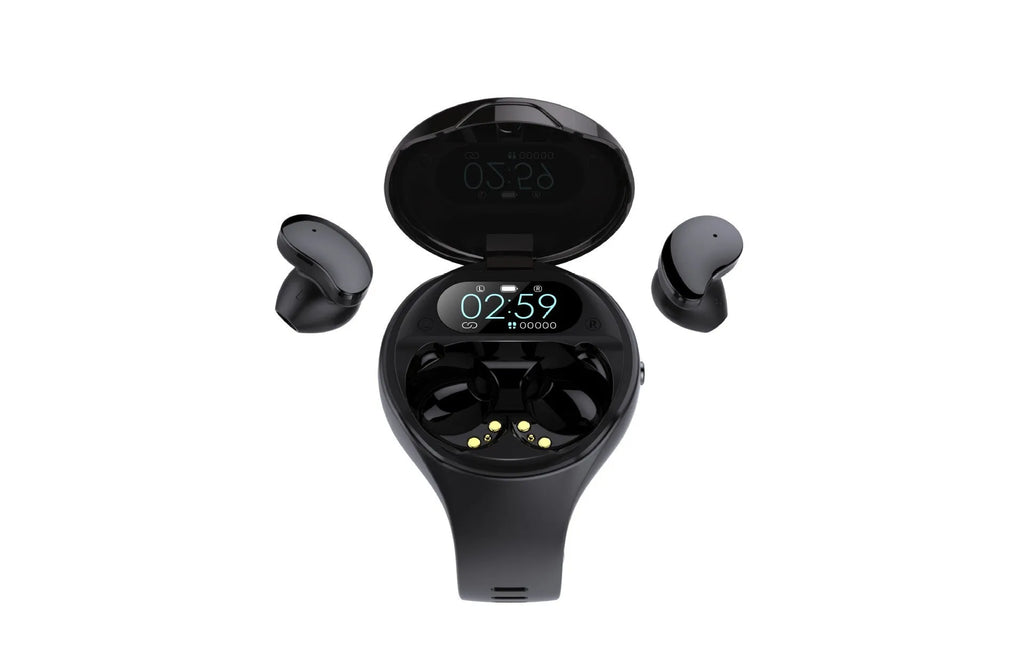 Black detachable smart watch and Bluetooth earphone combo with colour screen display