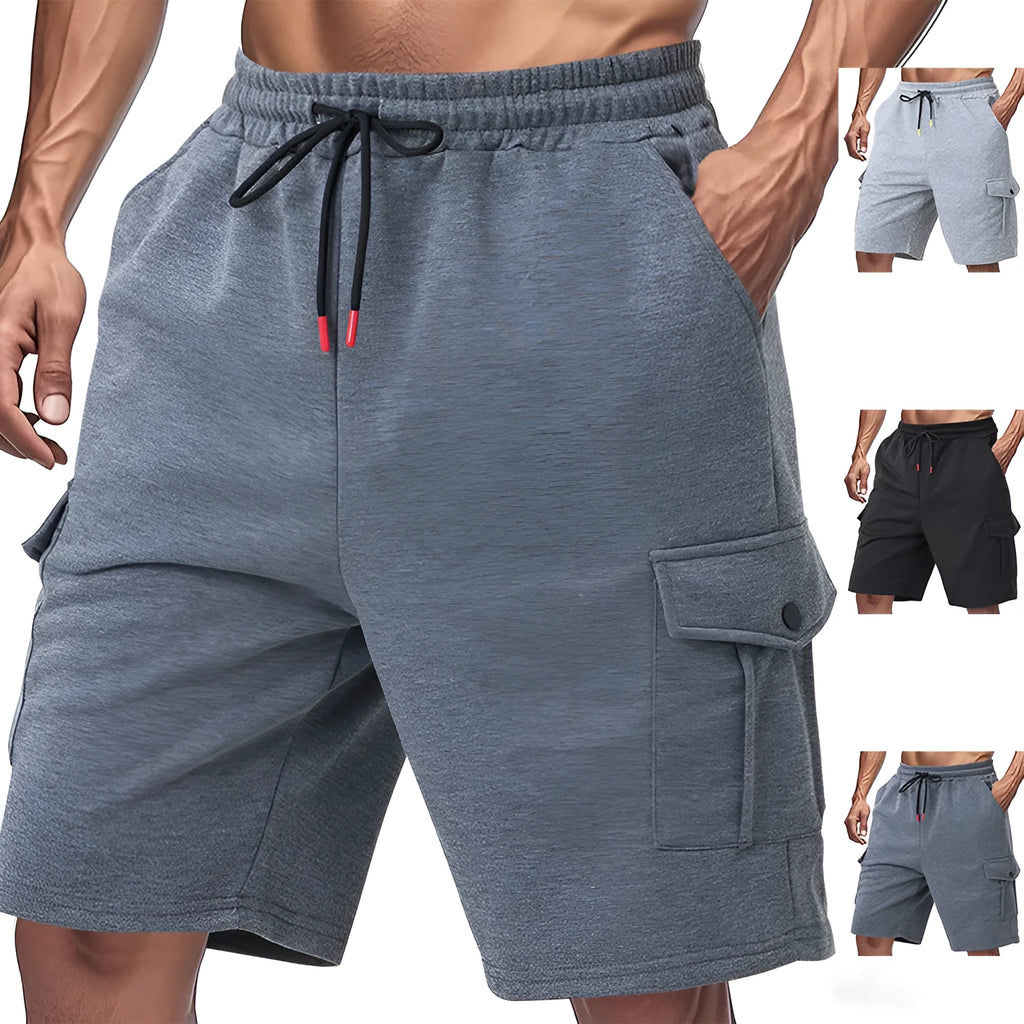 Men's loose fit cargo shorts with multiple pockets in terry fabric, shown in light grey colour