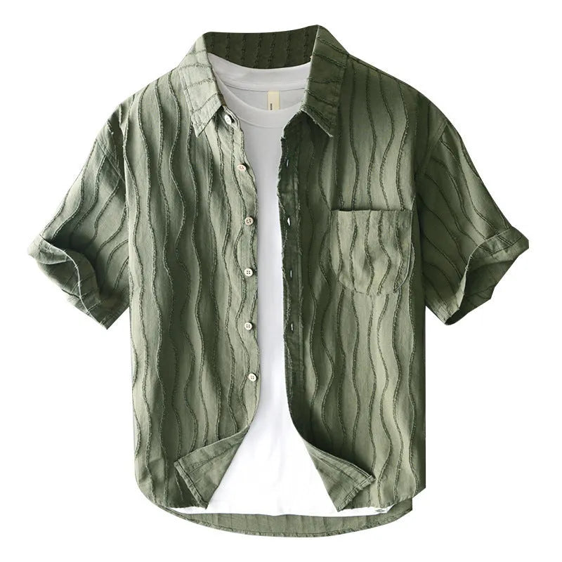 Men's pure cotton short sleeve casual shirt in apricot colour with Japanese fresh style and loose fit