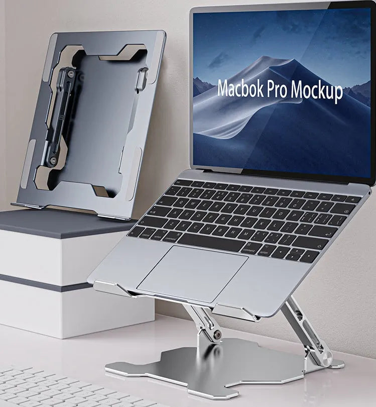 Adjustable aluminium laptop stand in grey or white, showing folding mechanism and silicone protection pads