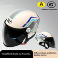 Universal motorcycle half helmet with double mirror sun visor in assorted colours.