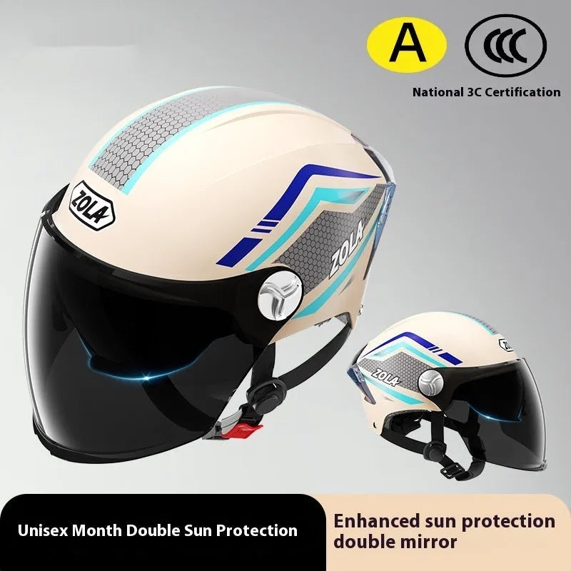 Universal motorcycle half helmet with double mirror sun visor in assorted colours.