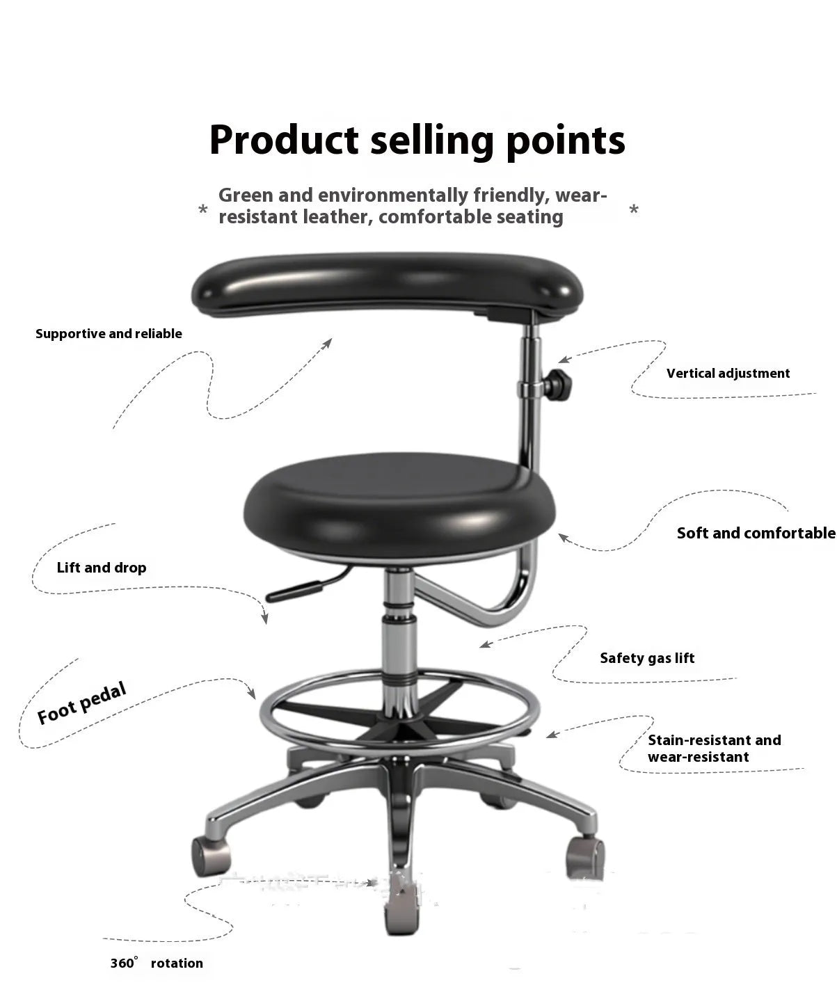 Black leather dental nurse chair with electric seat lift mechanism