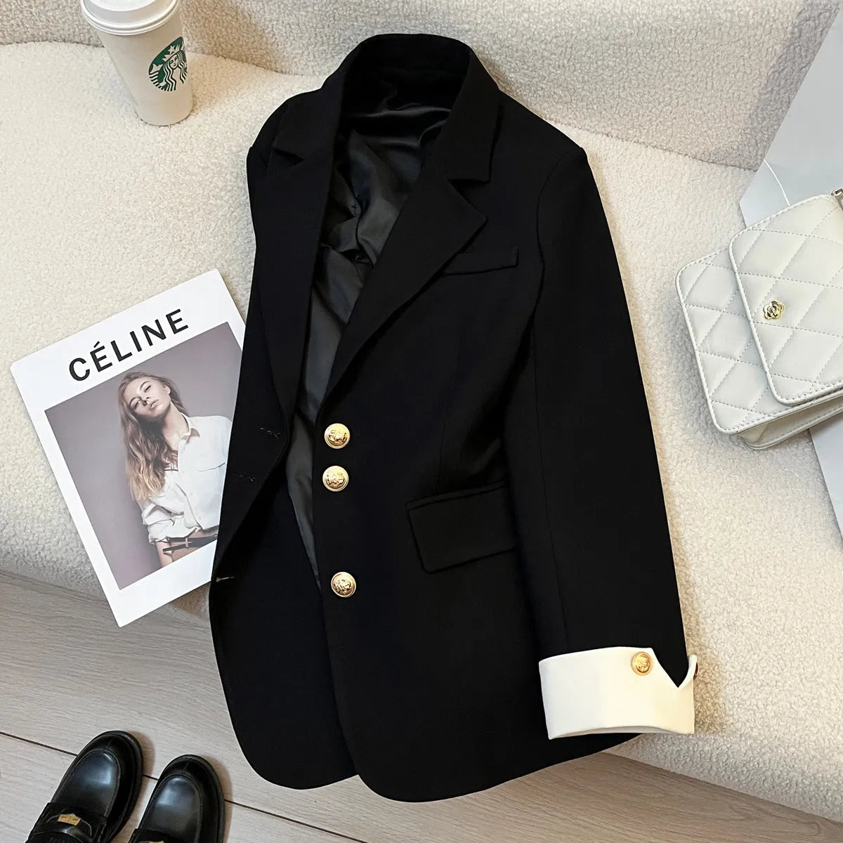 Women's loose fit mid-length trench coat in milky white, Korean style with pockets.