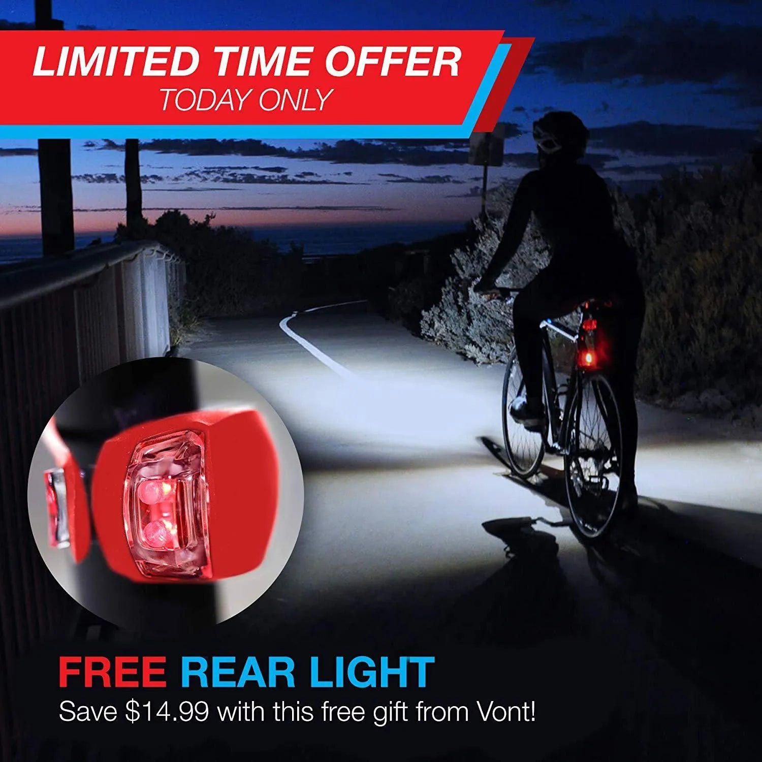 Bicycle headlights and taillights set with USB charging cable and mounting bracket on a bike handlebar