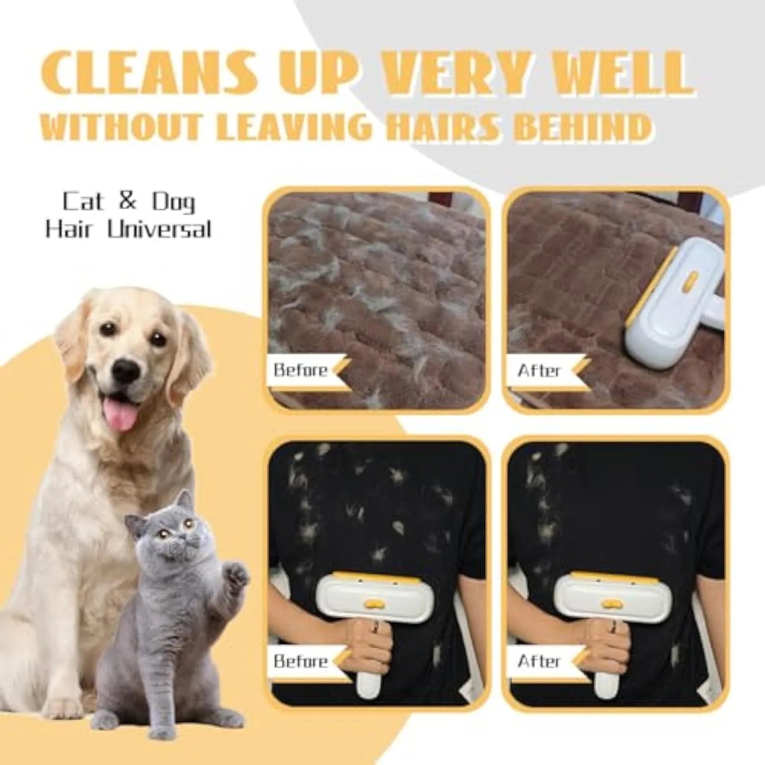 Yellow duck design portable manual pet hair remover tool on a fabric surface.
