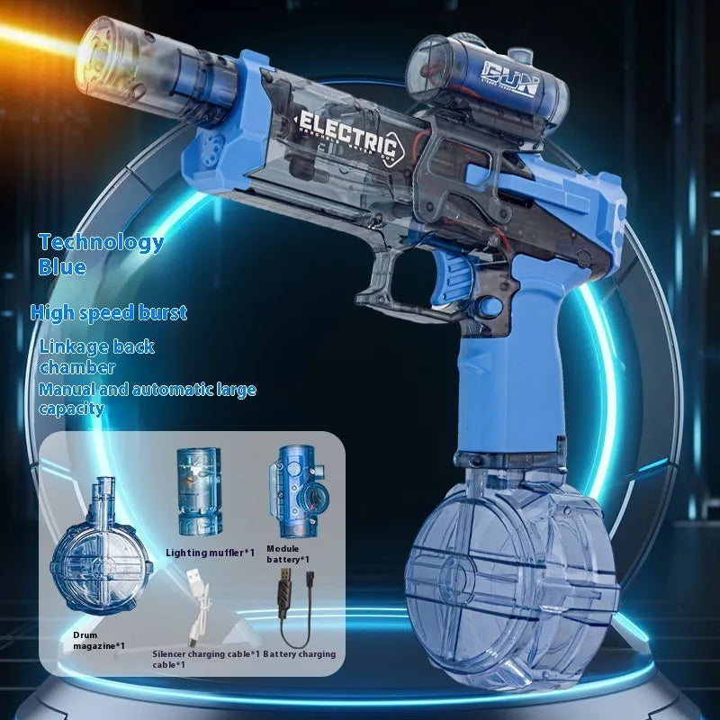 Fire Rat electric water pistol with LED lights in blue, showing automatic water spray feature.