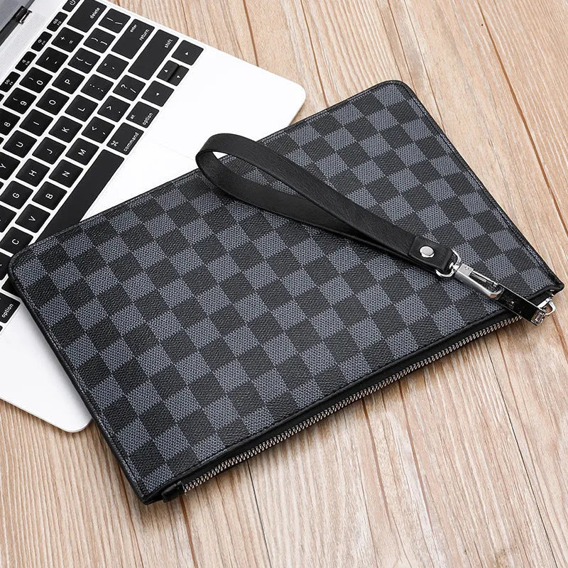 Men's black and brown PU leather clutch wallet with card slots, shown in plaid and smooth finish styles