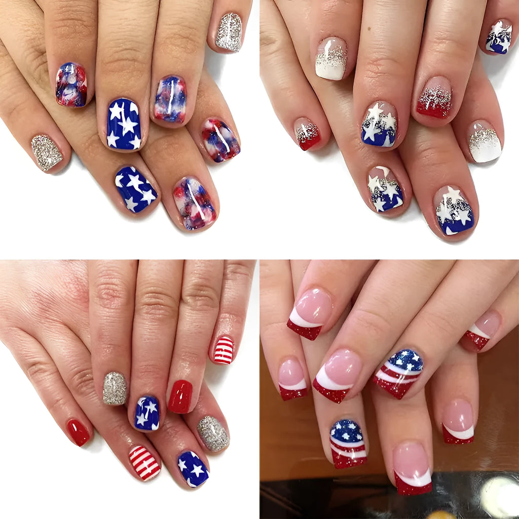 XINGX false nail set with red, white, blue American star pattern in short European Square shape.