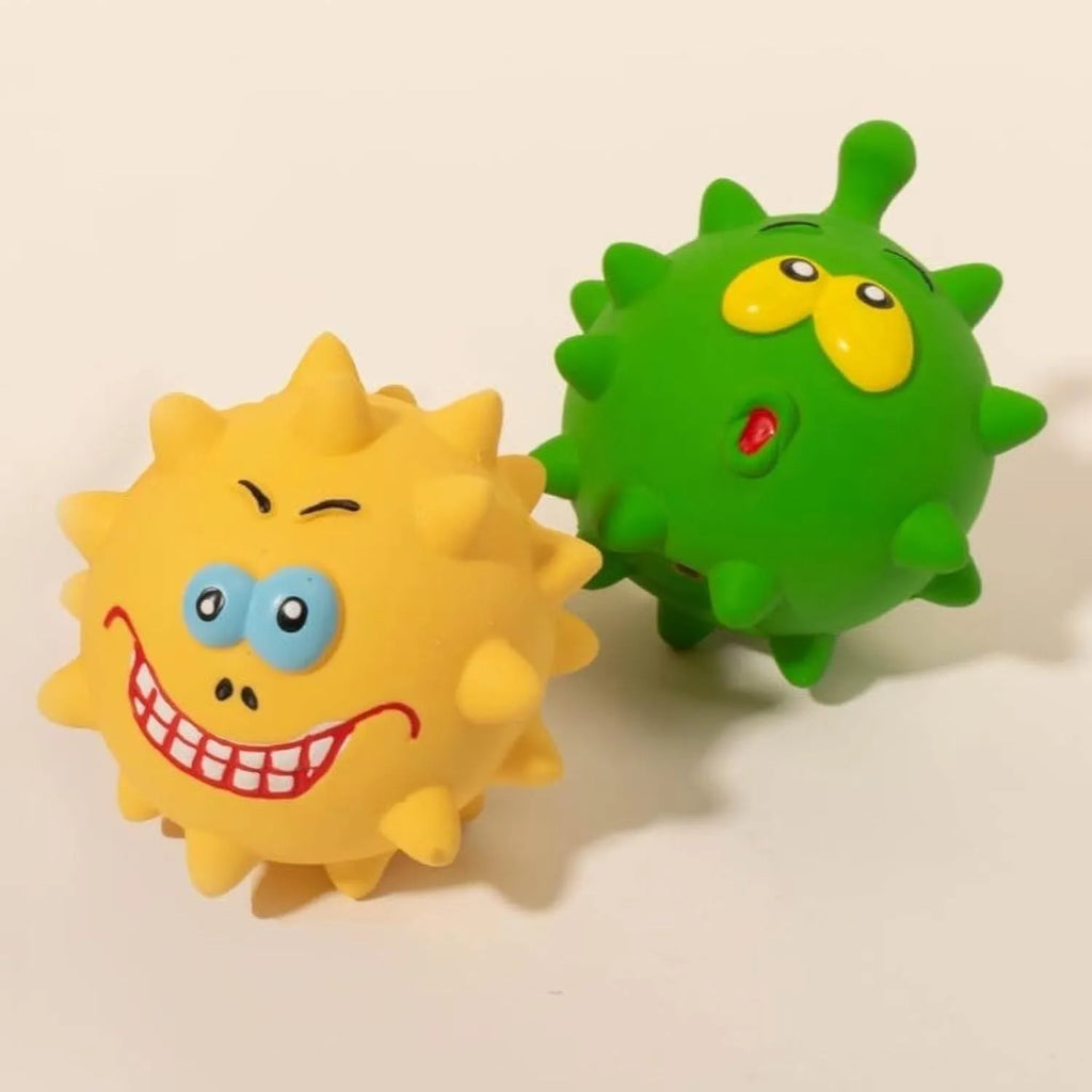 Four colourful natural latex dog balls with squeaky features and cute animal faces