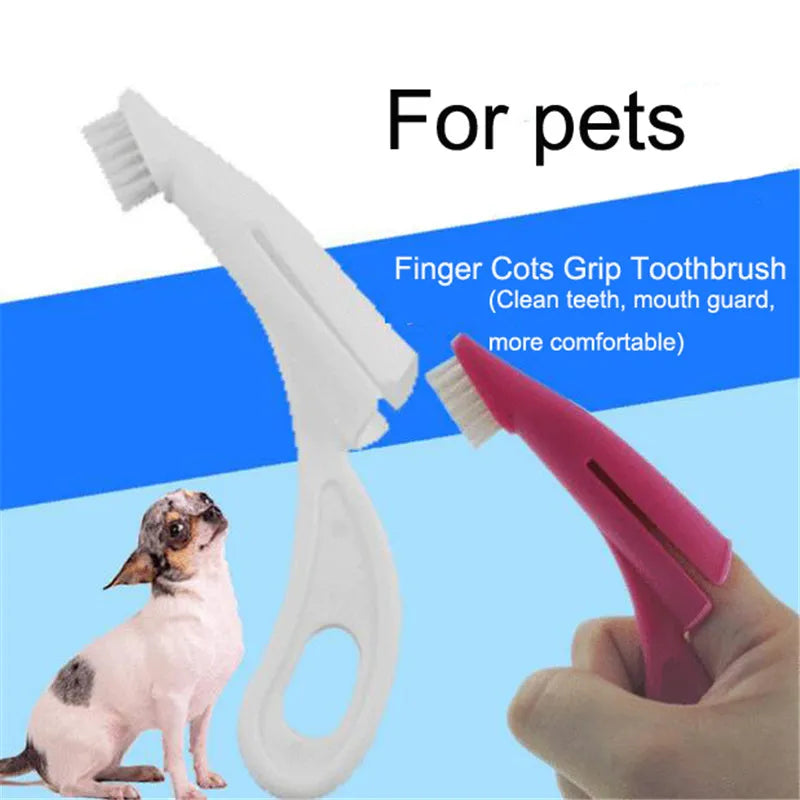 Red and white finger-sleeve pet toothbrush with soft silicone bristles for dog and cat dental cleaning.