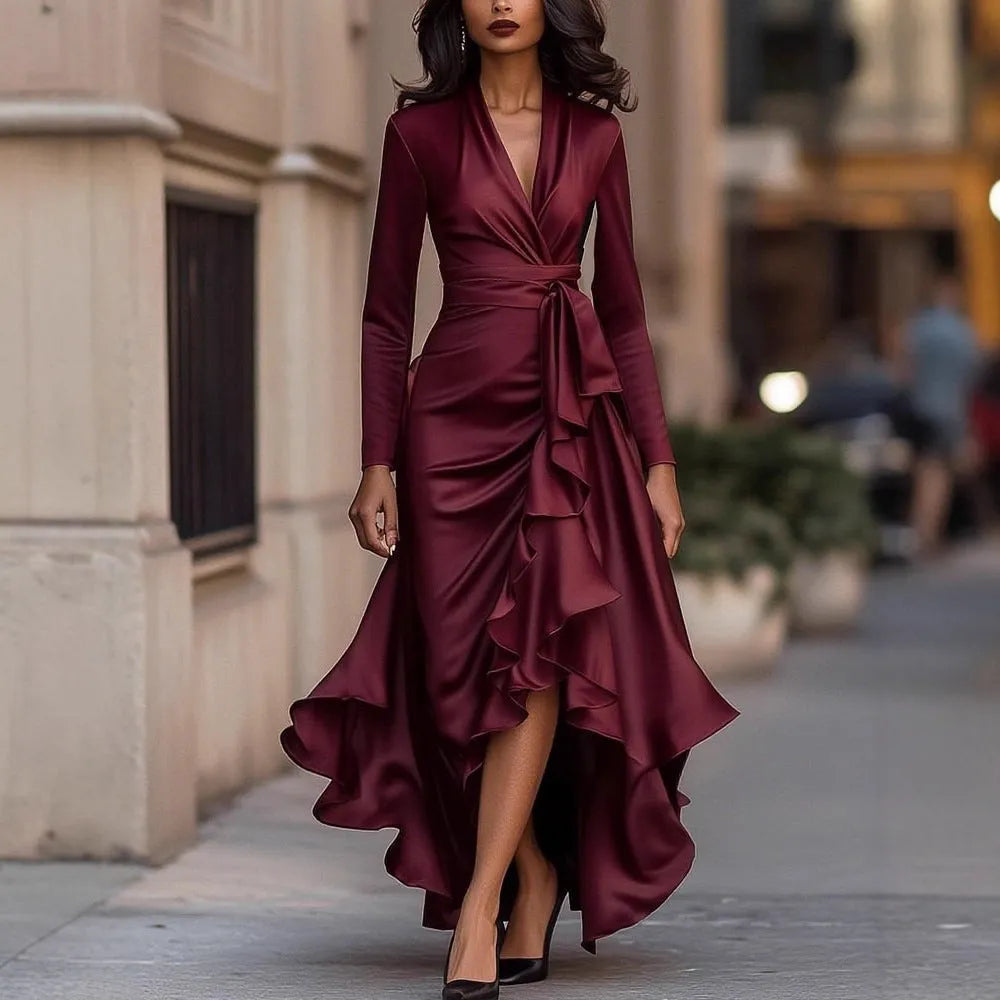 V-neck high waist asymmetric hem dress in polyester available in navy blue wine red and black