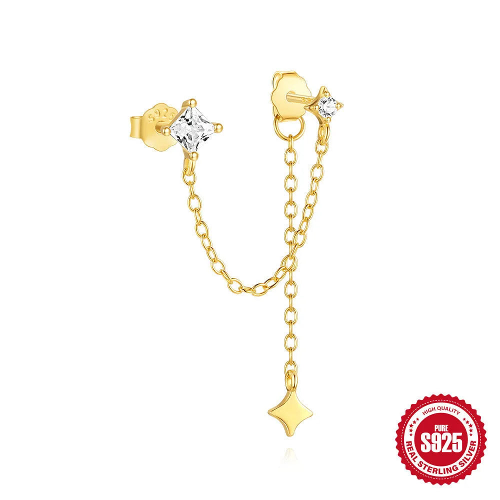 Golden geometric sterling silver stud earrings with zircon inlay, showing clover, crown, chain, and double piercing designs.