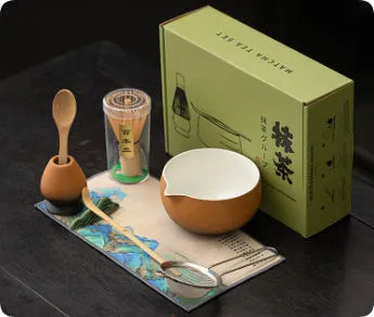 Guyun matcha eight-piece ceramic set with thread pointed bowl, tea stand, spoon, and accessories