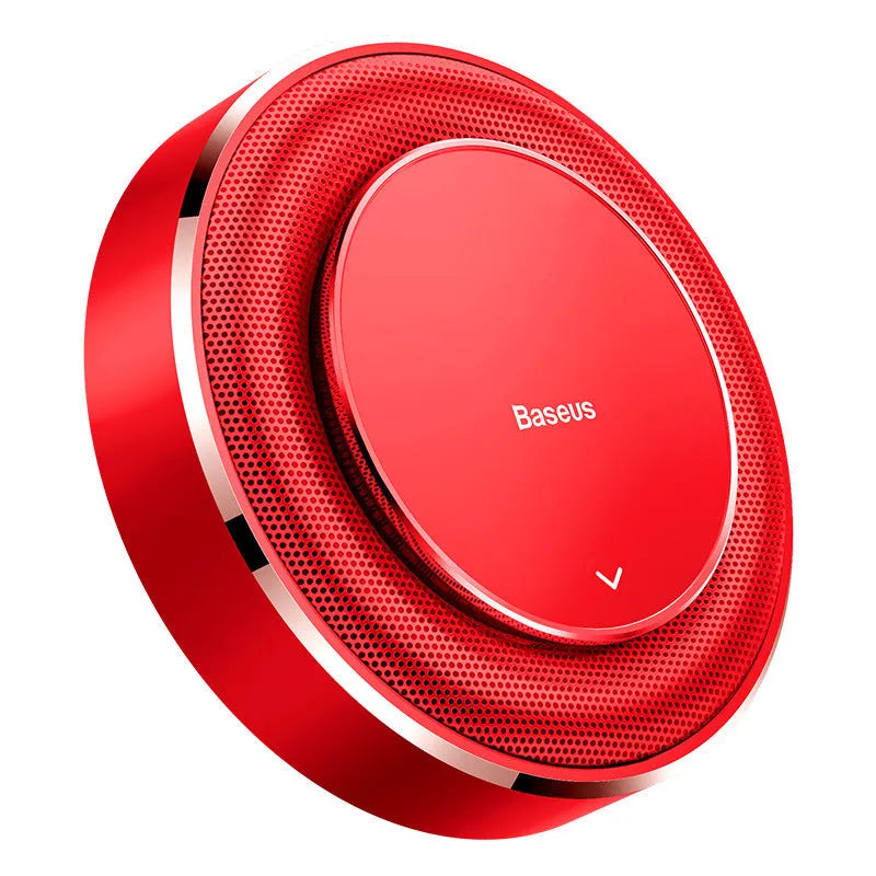 Bess round aluminium alloy car fragrance seat in black, red, or silver with solid aroma tablets.