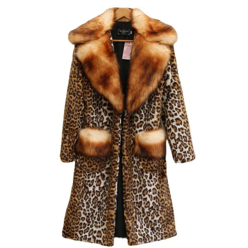 Women's long leopard print faux fur jacket with regular sleeves, shown in a casual setting.