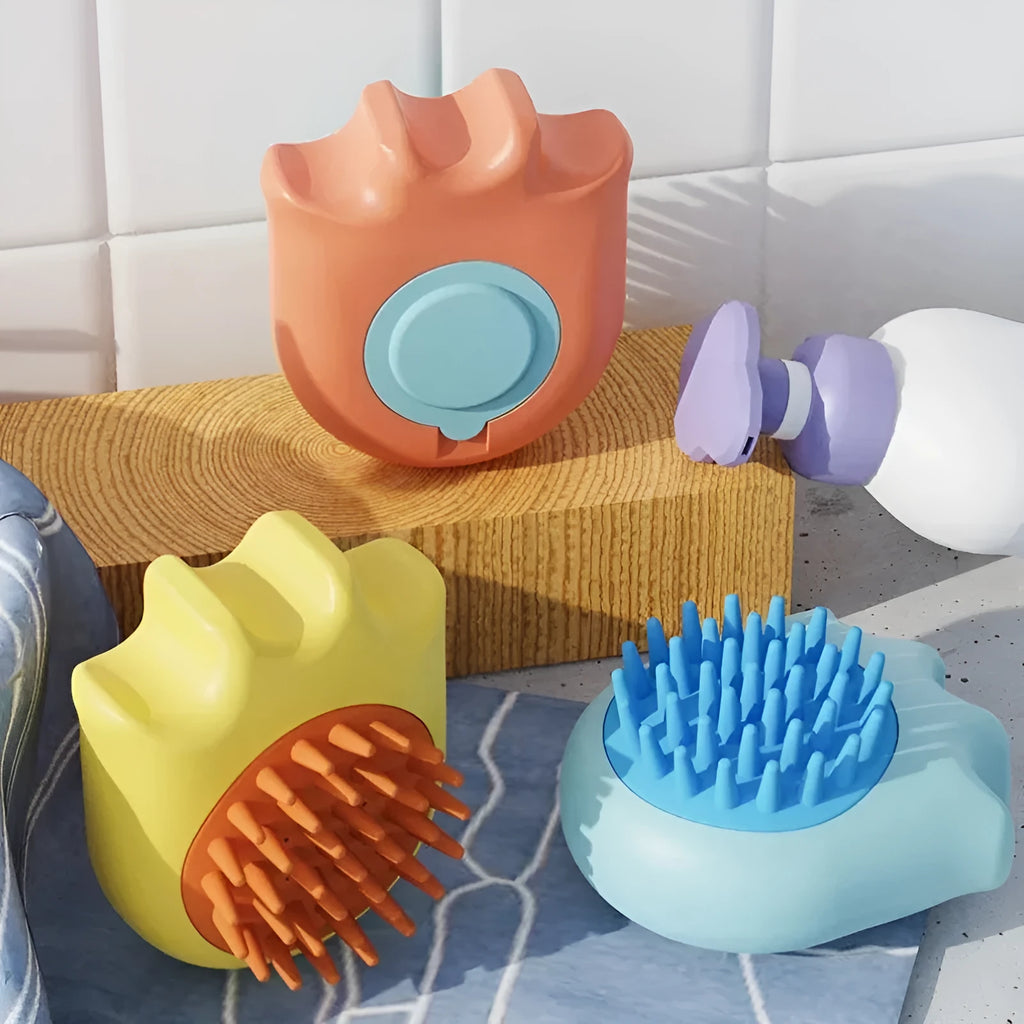 Pet bath brush with shampoo compartment in blue, orange and yellow colours for cat and dog grooming
