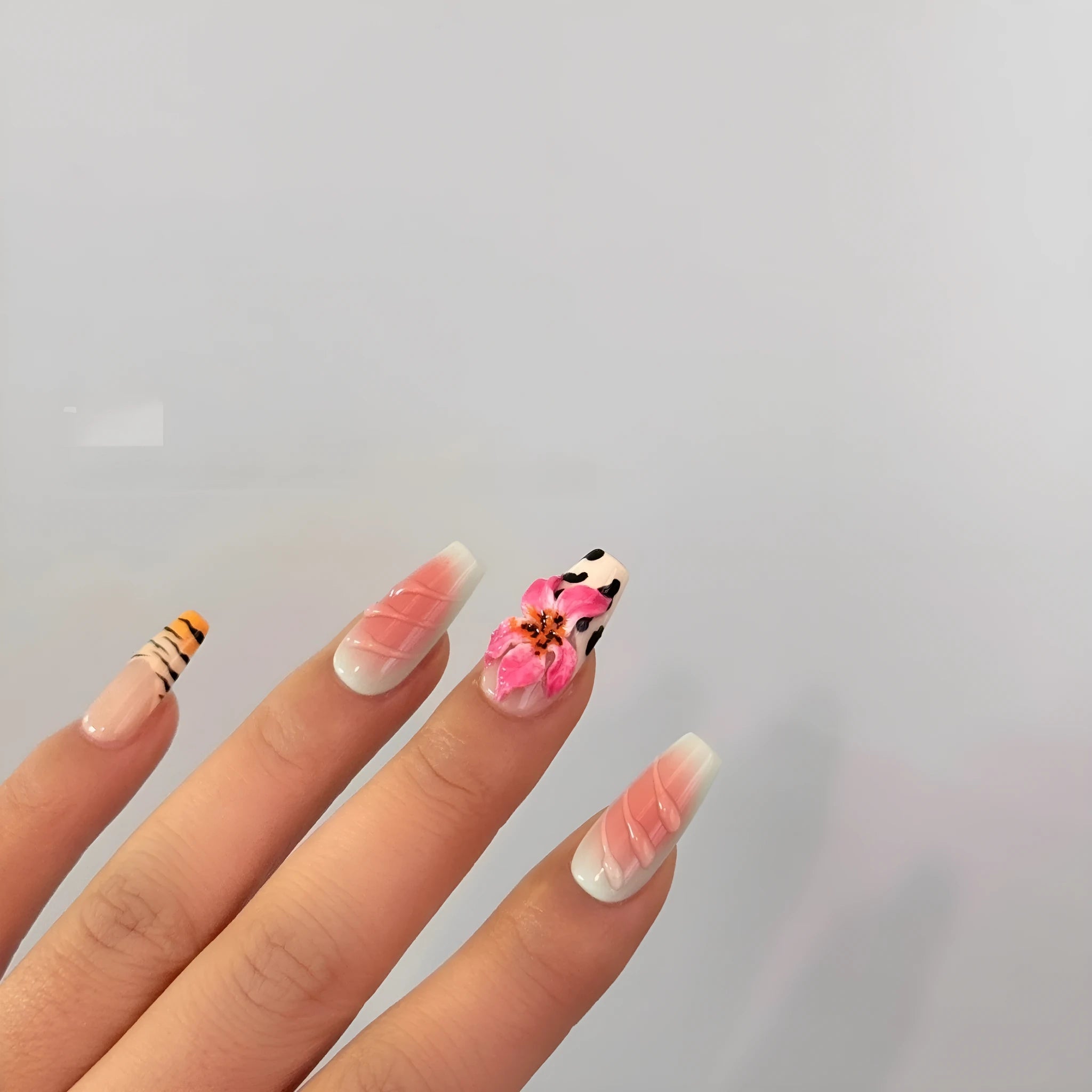 Zebra pattern Lily hand carving nail art set with embossed flower and leopard print designs