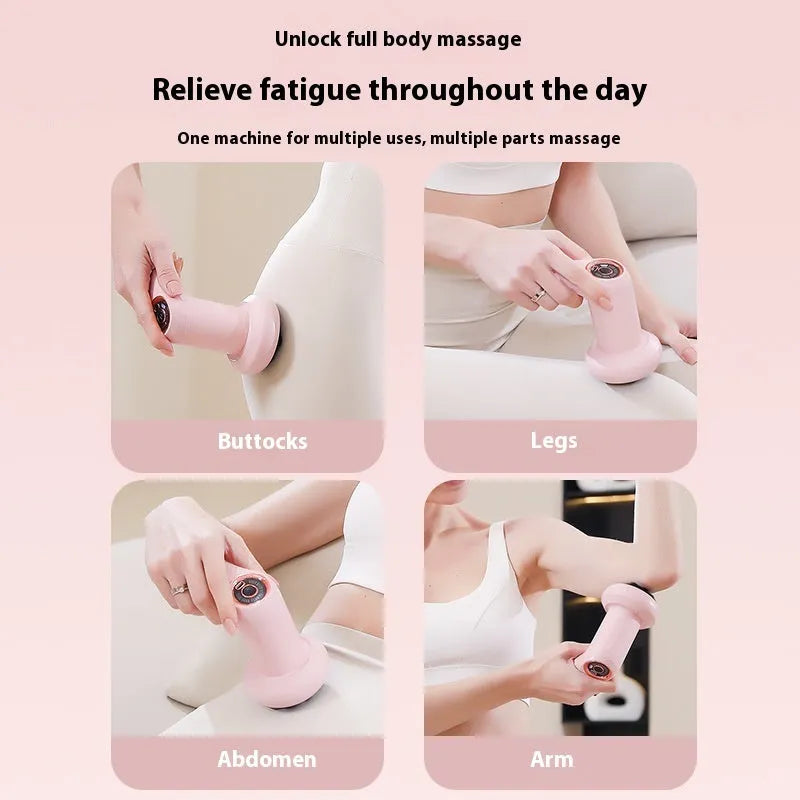A pink, white and black handheld USB electric massager for neck, back and leg muscles.