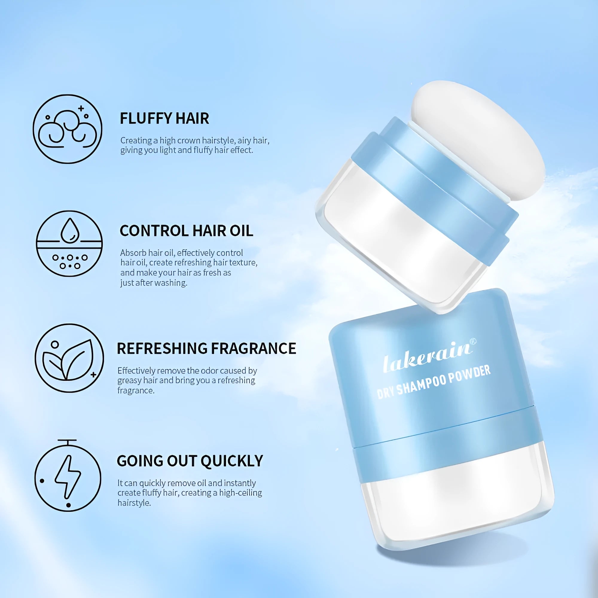 No-rinse hair dry cleaning booster powder in 5g sachet with applicator sponge and headband mirror