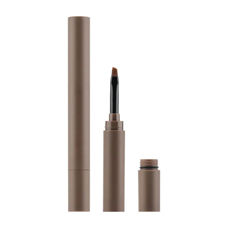 Double-headed eyebrow cream in a tube showing creamy brow product and blending tool, with five neutral shade options displayed.