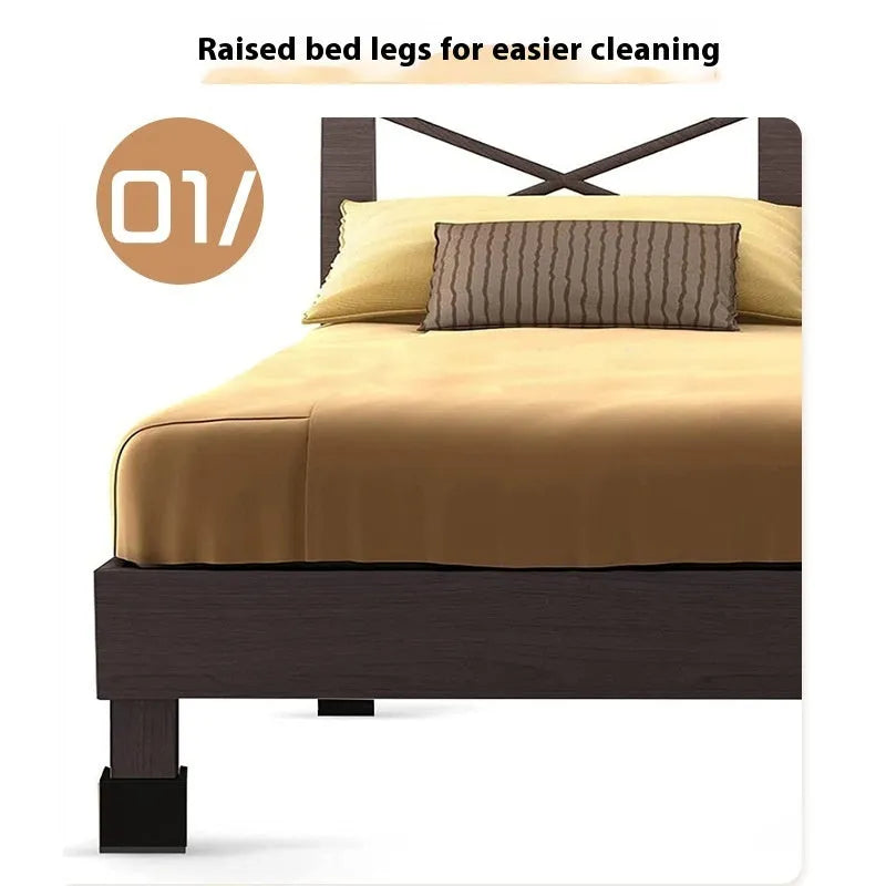 Four black thickened plastic bed foot mats arranged together for furniture height increase and floor protection