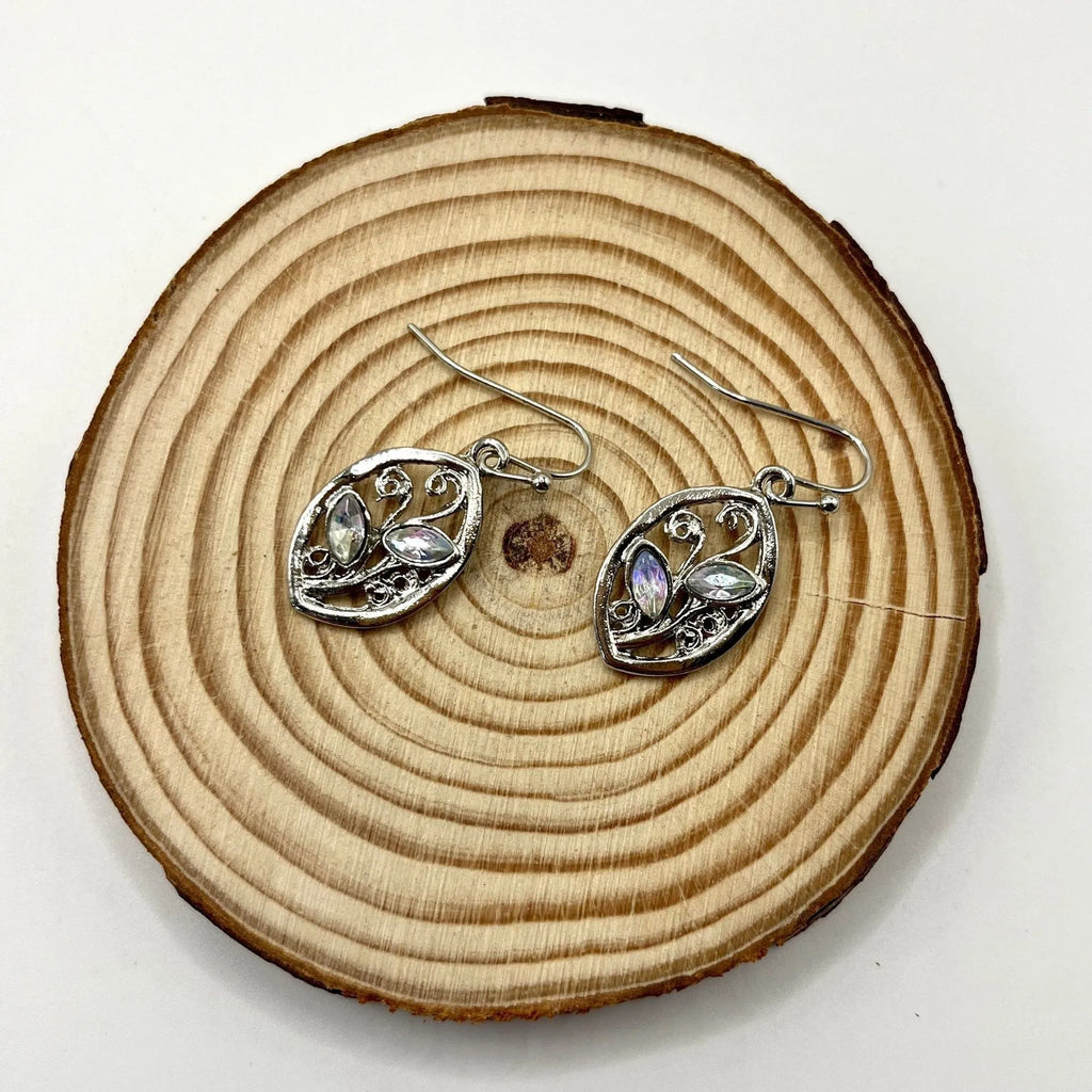 Silver alloy earrings with leaf shape containing colourful embedded moonstone