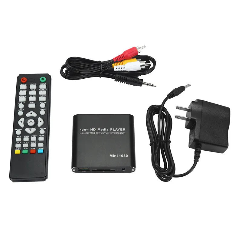 Compact black or blue 1080P Full HD media player with HDMI port for SD cards and USB drives