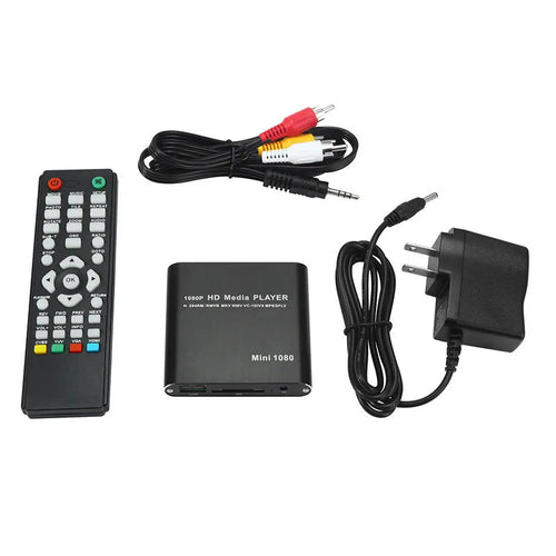 Compact black or blue 1080P Full HD media player with HDMI port for SD cards and USB drives