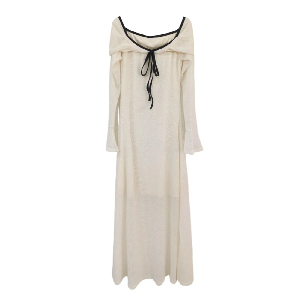 Off-shoulder long-sleeved knitted dress for women in white with high waist polyester fabric