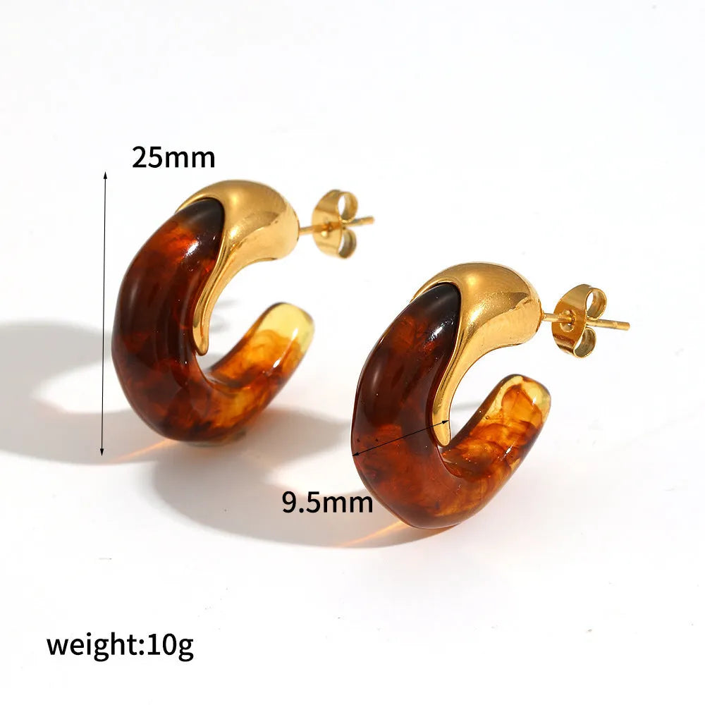 18K gold plated stainless steel hoop earring with amber resin detail, clip-on design, women's retro geometric style