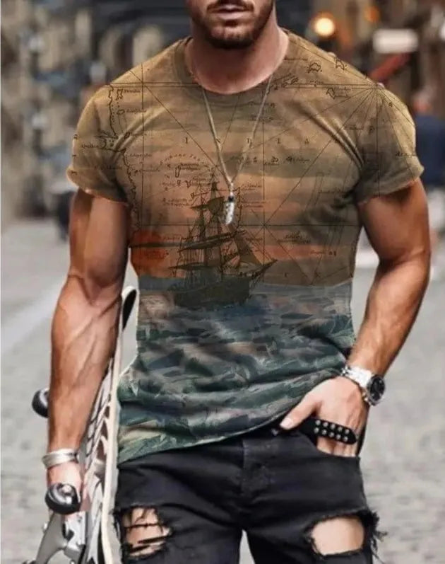 Abstract painting print short-sleeved t-shirt round neck cotton blend in hedging style for men and women