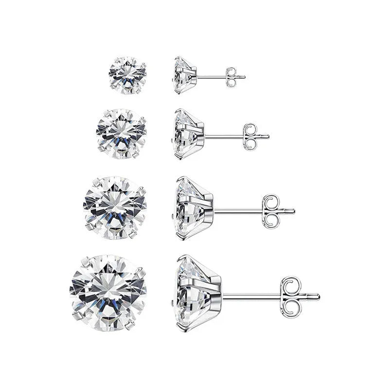 A pair of stainless steel geometric square zircon stud earrings on a plain background.