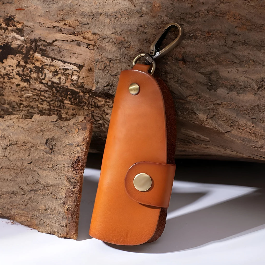 Genuine leather key storage bag for car keys in short size, shown in black.