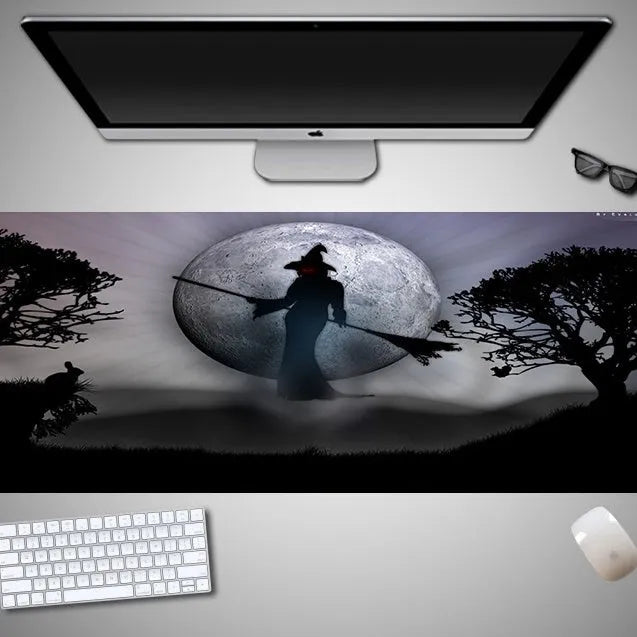 Halloween-themed oversized mouse pad showing rubber cloth texture and non-slip base