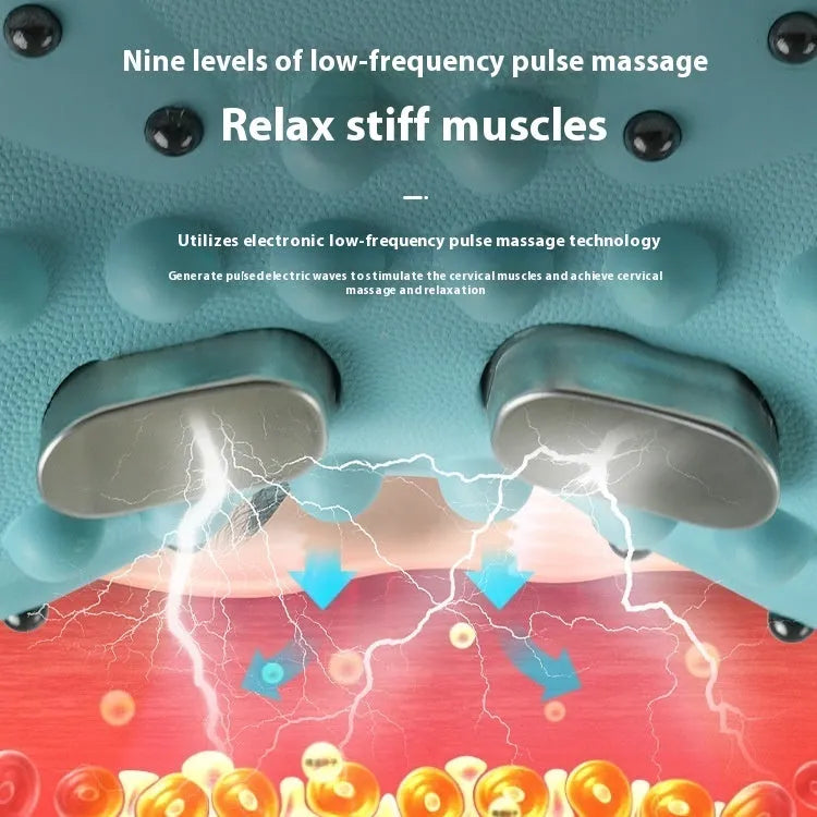Blue-green cervical spine massage pillow showing compact 17cm design with EMS and hot compress functions