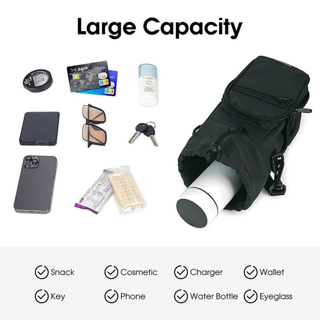 Cloth crossbody water bottle pouch in black, green, or pink colour options